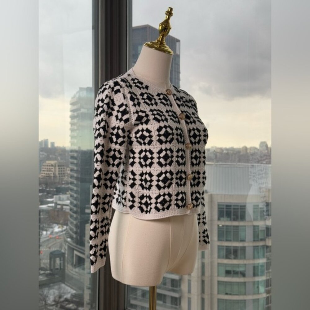 🆕 FARM Rio 🧿 NWT Patch Crochet Black & White Monochrome Button Up Jacket, Sz M - Picture 6 of 15